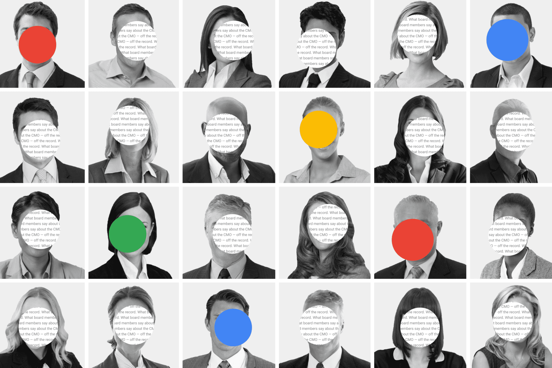 When creating visuals for the interactive ”What board members say about the CMO—off the record,” we leaned into the theme of anonymity.