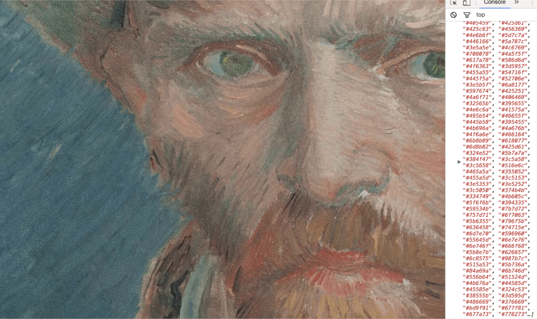 Viewing hex color codes in a browser console, pulled from pixels in a self-portrait by Vincent van Gogh, part of the Rijksmuseum's collection